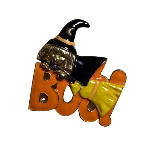 Halloween Witch Boo! Enamel Brooch Pin 2" Broom - Picture 1 of 5